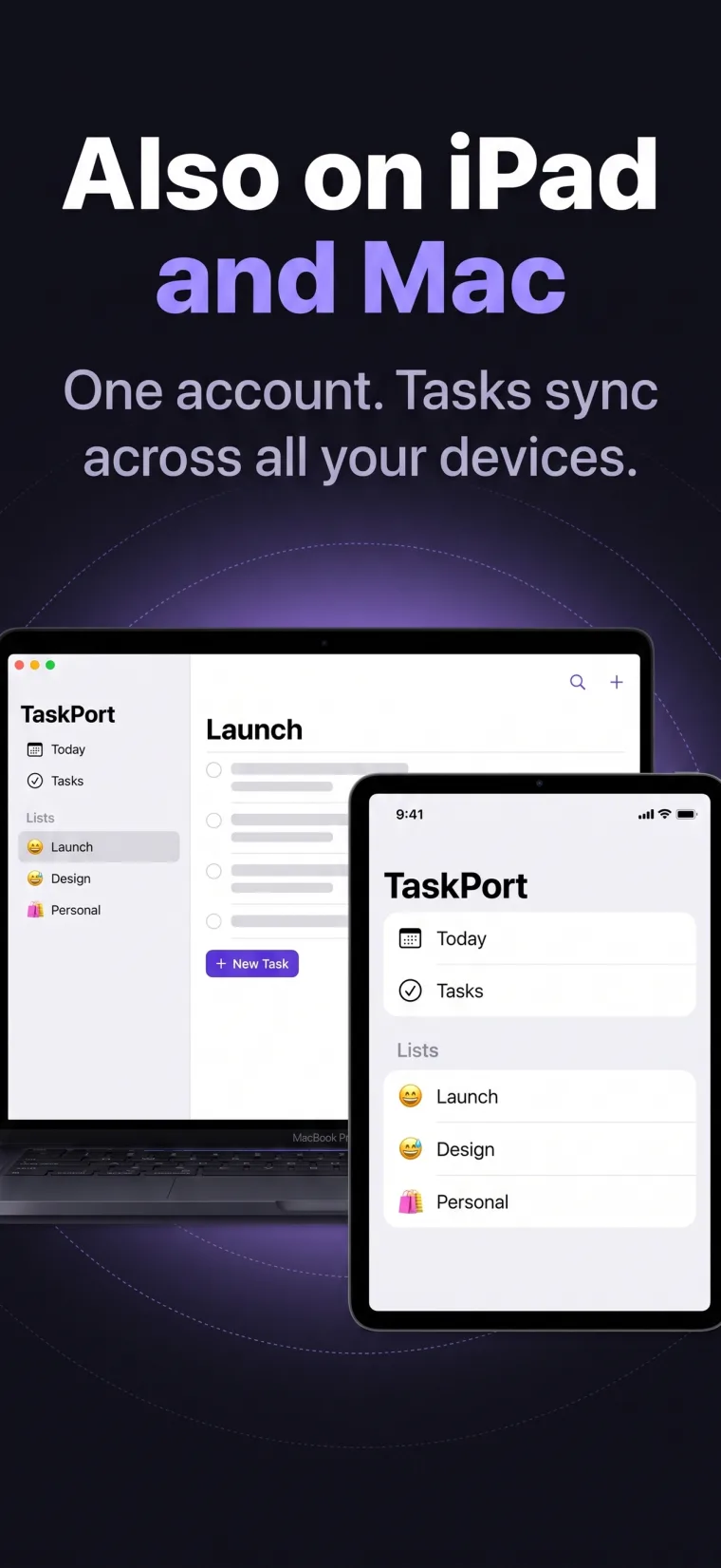 TaskPort task manager synchronized across iPhone, iPad, and Mac